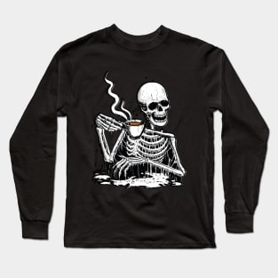 Cute Skeleton Drinking Coffee Long Sleeve T-Shirt